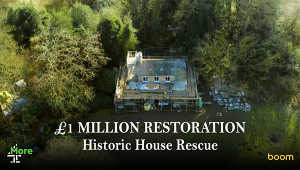 Aerial view of Cobham Dairy being restored, overlaid with the title '£1 Million Restoration: Historic House Rescue'