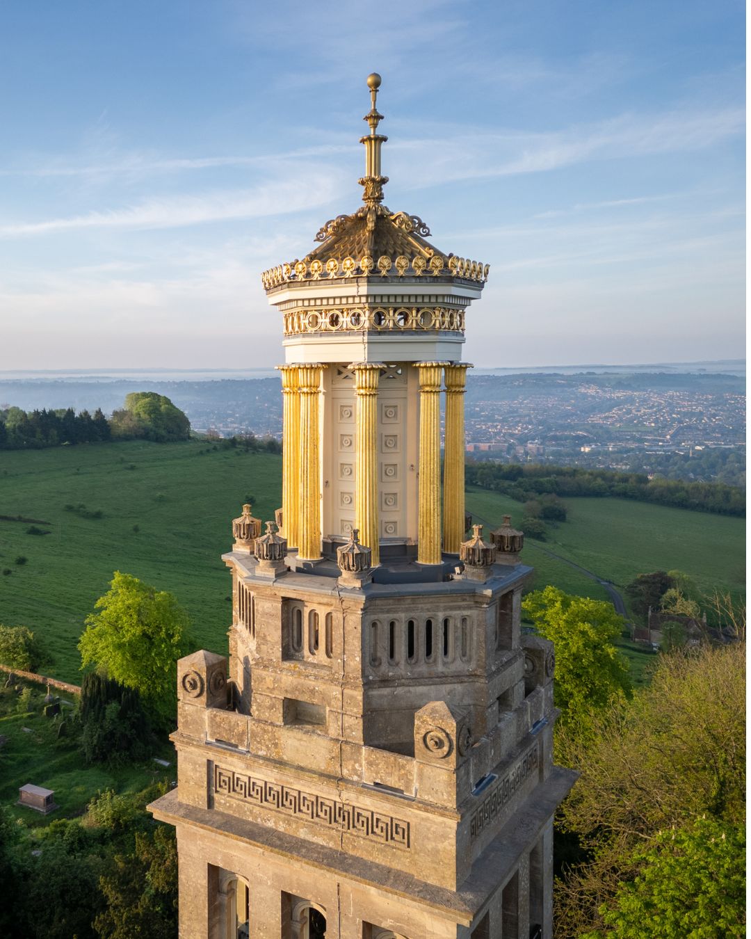 The gilded top of Beckfords Tower, with views of the surrounding countryside