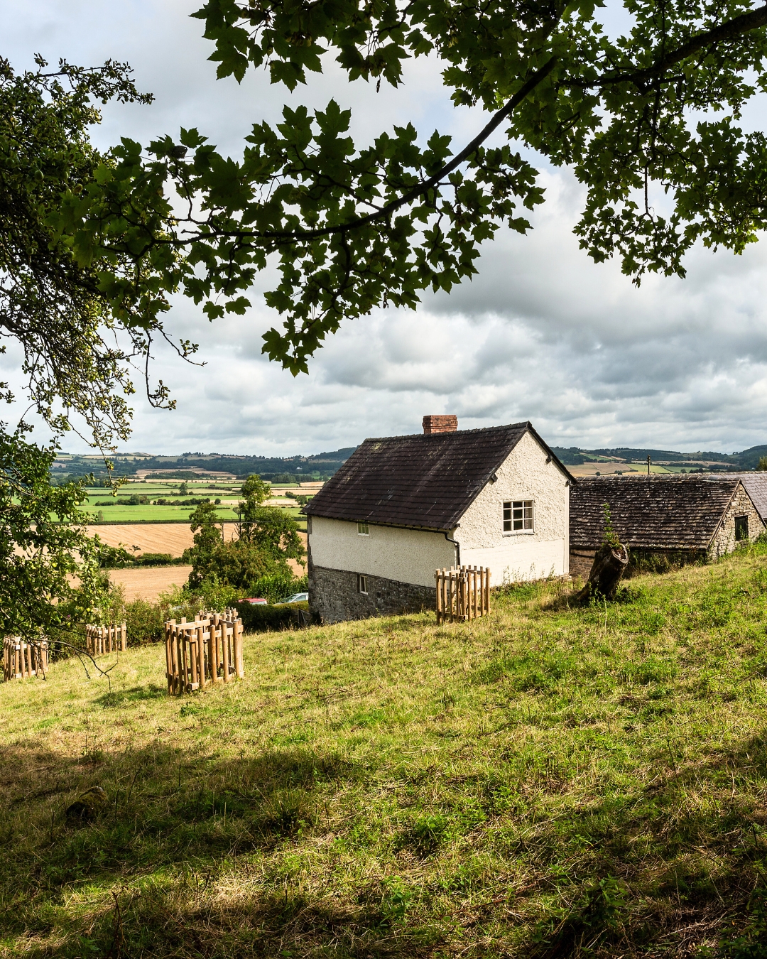 A white cottage on a hillside overlooking fields