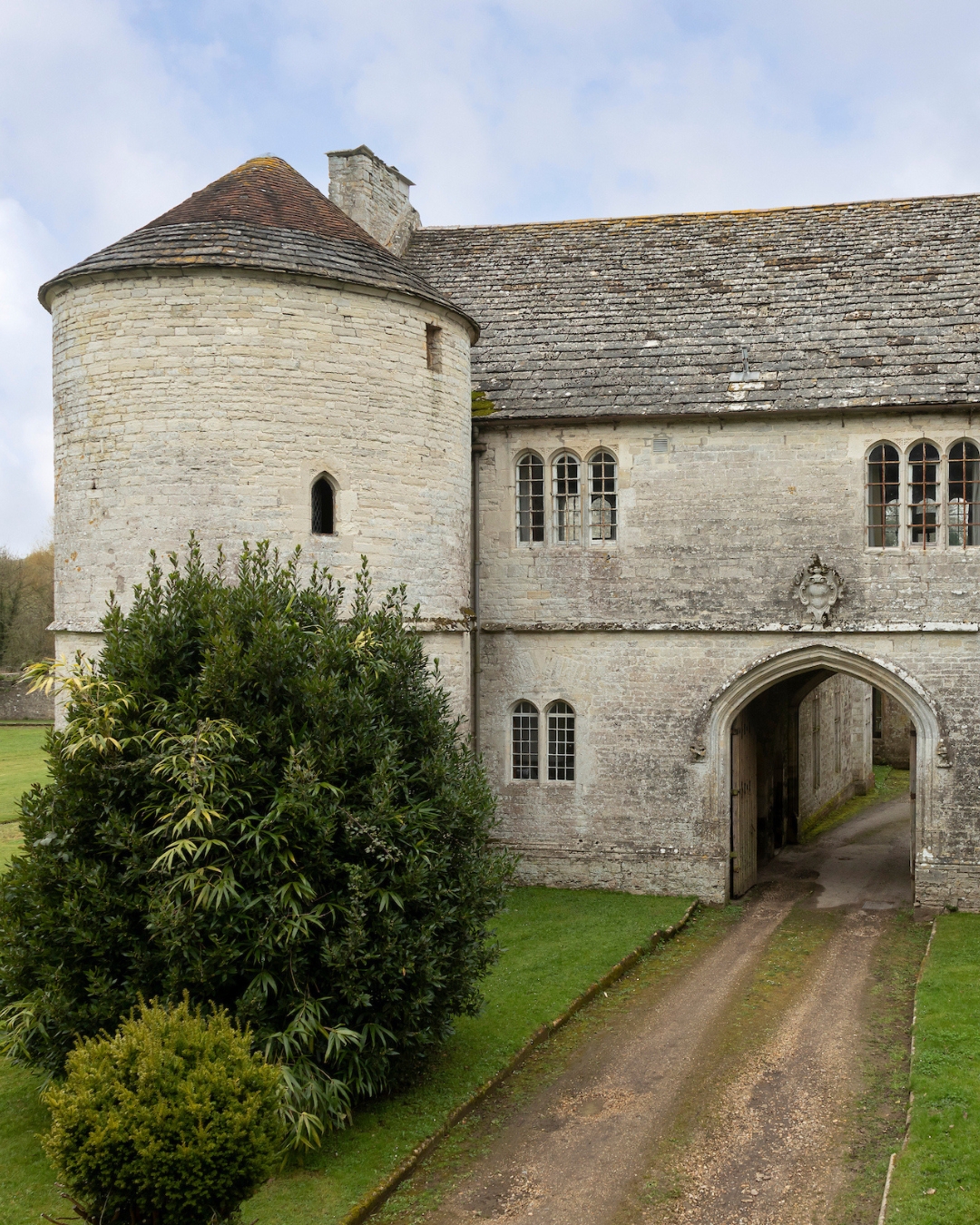 A turreted castle gatehouse